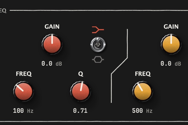 Two EQ bands with gain, frequency and Q knobs