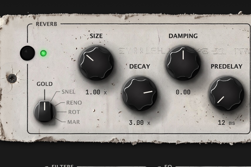 The reverb knobs: size, damping, decay and predelay, with the room switch